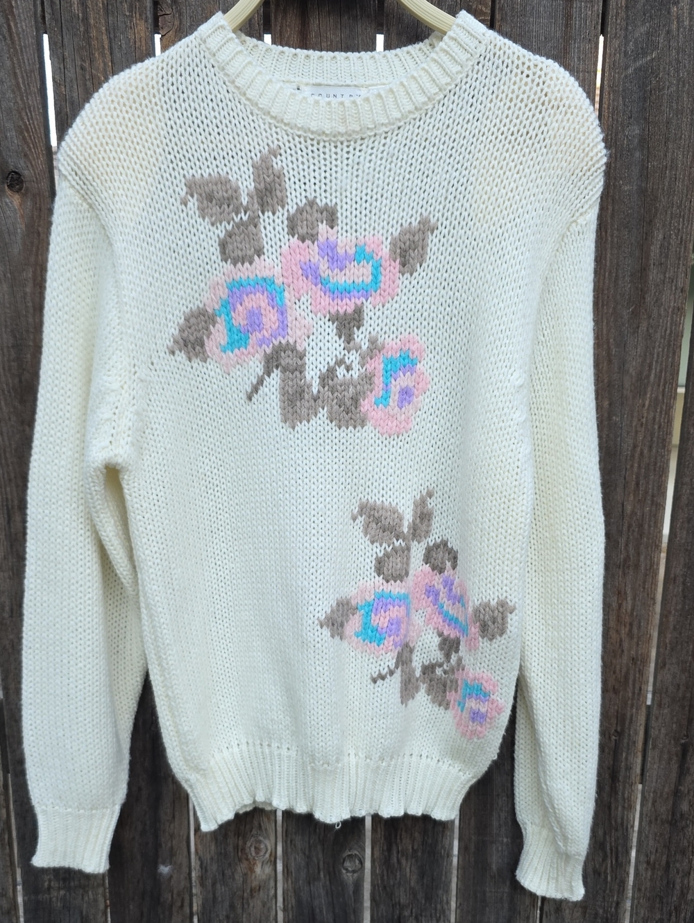 Vintage Cream Floral Knit Sweater Cottagecore Granny